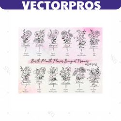 birth month flower bouquet frame svg bundle, birth month flower,