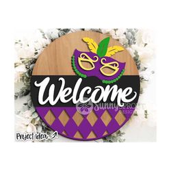 mardi gras mask welcome sign, digital download, round door hanger svg, glowforge laser file, cricut, mardi gras design s