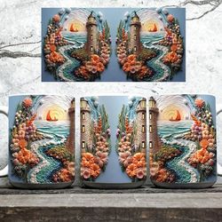 3d lighthouse beach landscape mug wrap design, 3d beach mug, 3d beach seashells in mug design, 3d mug, 11oz,15oz mug sub