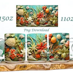 3d ocean mug, down the ocean mug, 3d mug, 3d seashells beach mug 3d summer beach flowers, 3d fish mug design, 11oz,15oz