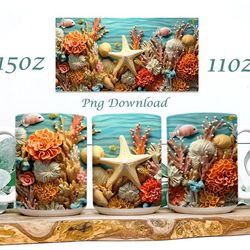 3d seashells beach mug, 3d summer beach mug, 3d mug design, floral mug png, 3d mug, 11oz,15oz mug sublimation wrap, digi
