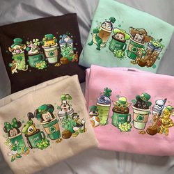 cartoon st patrick's day coffee bundle png, mickey and friends ice coffee latte shirt sublimation, pooh st patricks day