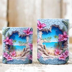 3d hole in a wall beach landscape mug wrap design, 3d beach mug, 3d beach seashells in mug design, 3d mug, 11oz,15oz mug