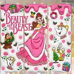 3d inflated princess christmas tumbler wrap png, beauty and the beast tumbler png, princess sublimation, pink christmas