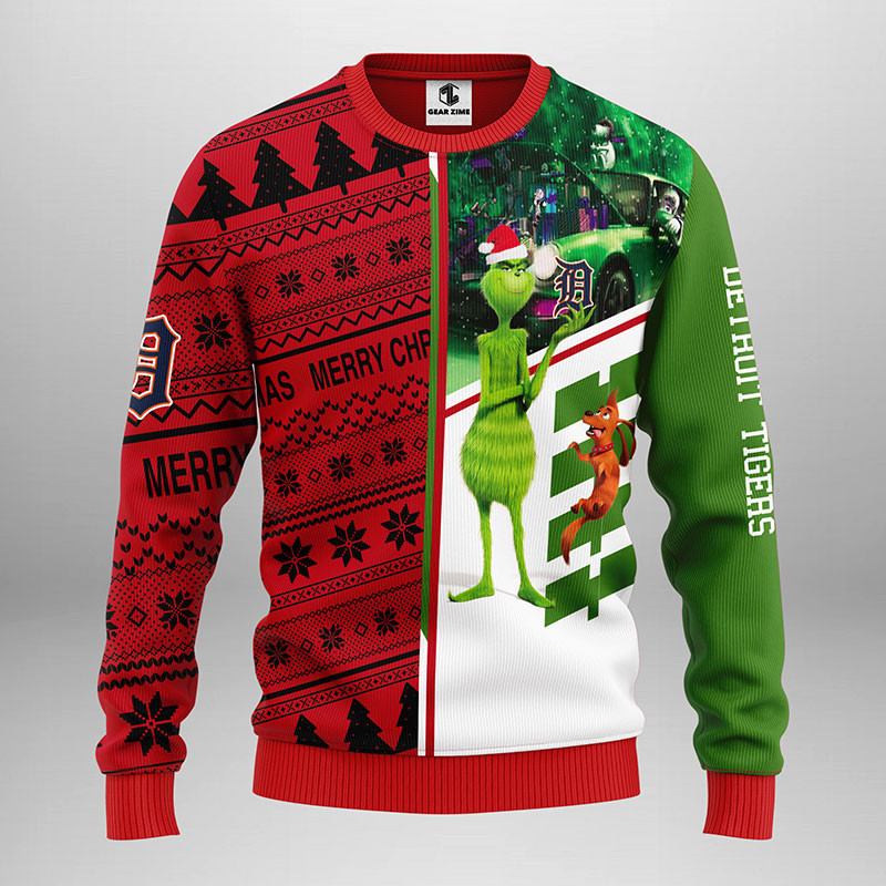 MLB Detroit Tigers Grinch & Scooby-doo Ugly Hoodie 3D Zip Hoodie 3D Ugly Christmas Sweater 3D Fleece Hoodie