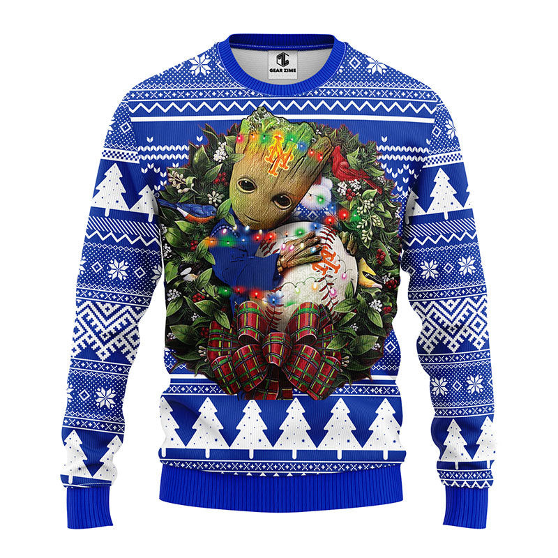 MLB New York Mets Groot Hug Ugly Hoodie 3D Zip Hoodie 3D Ugly Christmas Sweater 3D Fleece Hoodie