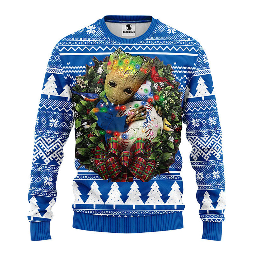 MLB Los Angeles Dodgers Groot Hug Ugly Hoodie 3D Zip Hoodie 3D Ugly Christmas Sweater 3D Fleece Hoodie