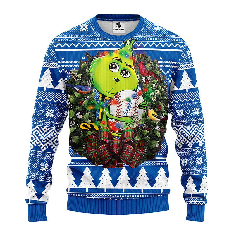 MLB Los Angeles Dodgers Grinch Hug Ugly Hoodie 3D Zip Hoodie 3D Ugly Christmas Sweater 3D Fleece Hoodie