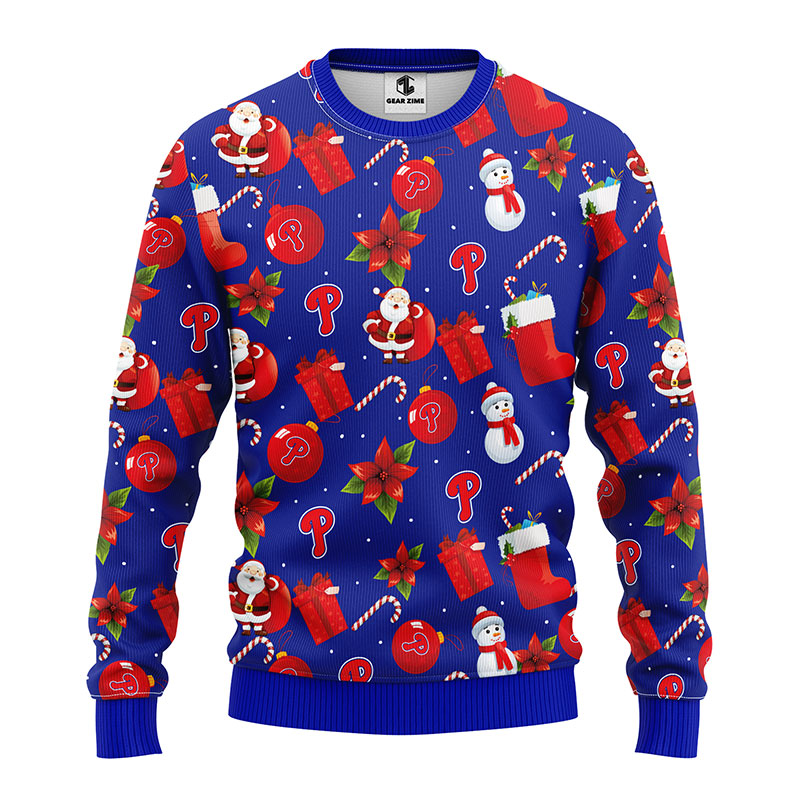 MLB Philadelphia Phillies Santa Claus Snowman Ugly Hoodie 3D Zip Hoodie 3D Ugly Christmas Sweater 3D Fleece Hoodie