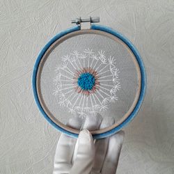 Hand embroidered dandelion on tulle, Make a Wish, blue velvet hoop art, handmade wall decor