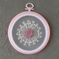 Hand embroidered dandelion on tulle, Make a Wish, pink hoop art, handmade wall decor