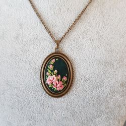 Hand embroidered pendant for her, 4th wedding anniversary gift, embroidered jewelry, custom embroidery bouquet