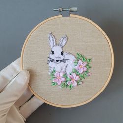 Hand embroidered Easter bunny, miniature handmade wall decor