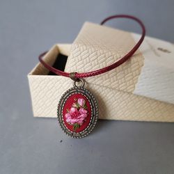 Embroidered jewelry, hand embroidery pendant for her, ribbon embroidery necklace