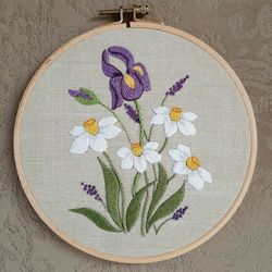 Iris and daffodils hand embroidered, Mother's day gift, Easter gift, miniature handmade wall decor