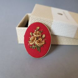Hand embroidered brooch for her, red embroidered jewelry, Mother day gift, ribbon embroidery