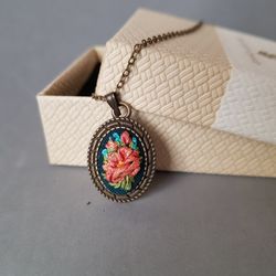 Embroidered jewelry, hand embroidery pendant for her, ribbon embroidery necklace