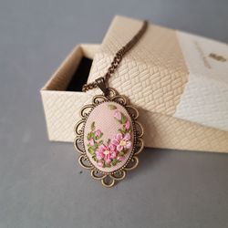 Embroidery jewelry, hand embroidered pendant for her, ribbon embroidery necklace