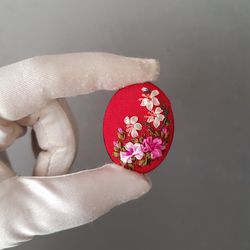 Red hand embroidered brooch for her, embroidered jewelry, Mother day gift, ribbon embroidery