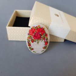 Hand embroidered brooch for her, red embroidered jewelry, Mother day gift, ribbon embroidery, art.8