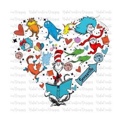Cartoon Character Heart Shape Png, Cat In The Hat Png, Dedicated Teacher Sublimation, Teacher Design Png, Reading Day Pn
