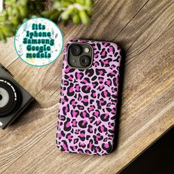 pink leopard print phone case, samsung phone case, google pixel phone case, drop protective phone case, iphone 15, iphon