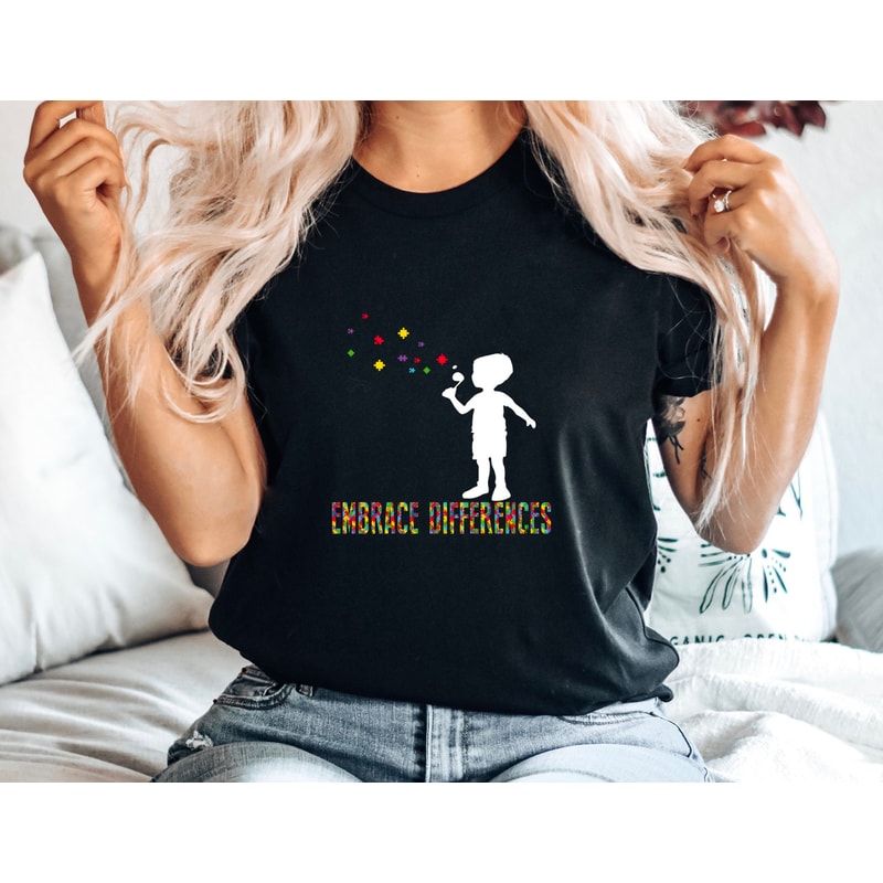 Autism Awareness T-Shirt Embrace Differences Shirt Different Not Less Tee Puzzle Piece and Chickens Top Colorful Graphic Tee 1.jpg