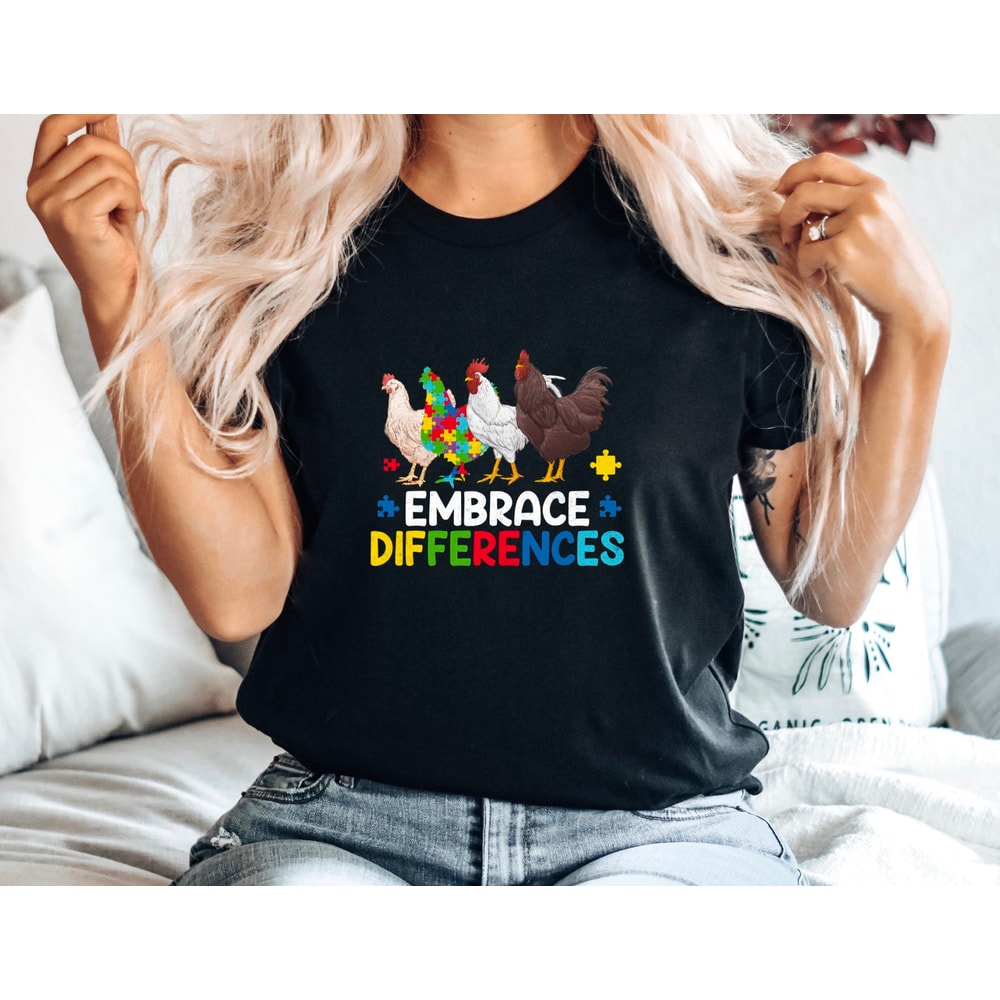 Autism Awareness T-Shirt Embrace Differences Shirt Different Not Less Tee Puzzle Piece and Chickens Top Colorful Graphic Tee 2.jpg