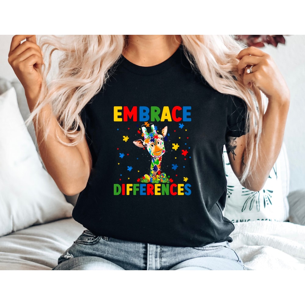 Autism Awareness T-Shirt Embrace Differences Shirt Different Not Less Tee Puzzle Piece and Chickens Top Colorful Graphic Tee.jpg