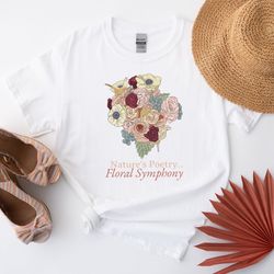 autumn colors floral tshirt, warm blossom print top, fall autumnal botanical graphic nature inspired fall shirt