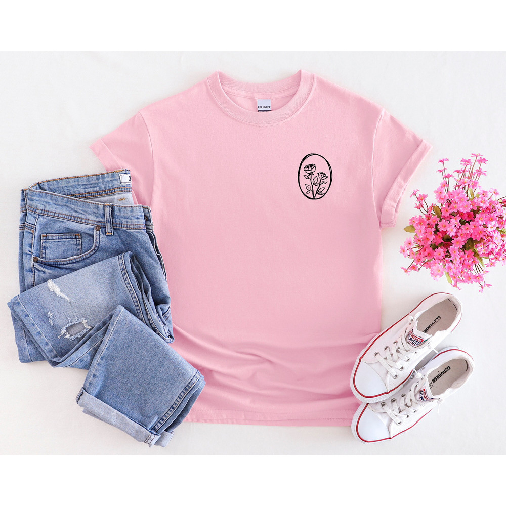 Elegant Women's Shirt, Minimalistic Flower Tee For Feminine Styles, Simple Pocket Design Top, Girly Floral Inspired Tshirt, Cute Vibes.jpg