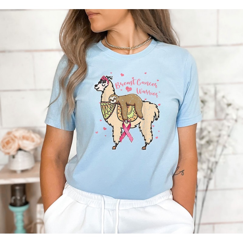 Breast Cancer Warrior Shirt, Sloth Riding Llama Shirt, Breast Cancer Awareness Shirt, October Shirt, Pink Ribbon Shirt, Cancer Fighter Tee.jpg