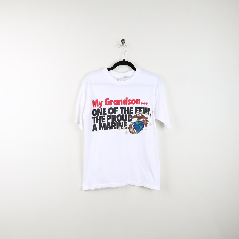 Vintage 90's My Grandson One Of The Few The Proud A Marine Graphic Print Tee American Eagle Anchor White Comfy T-Shirt Size Medium.jpg