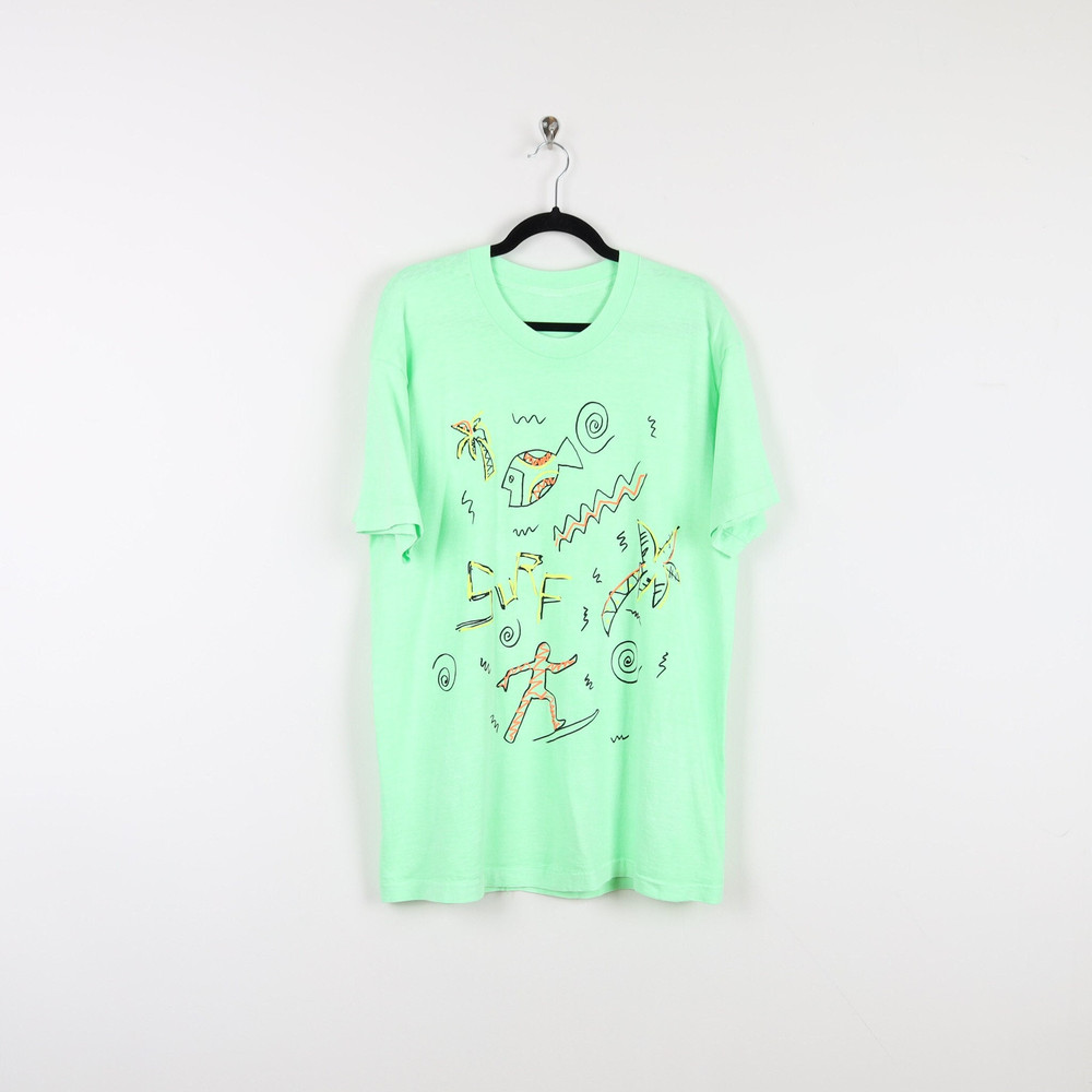 Vintage 90s Mint Green Surf Abstract Fish Palm Trees Surf Surfing Graphic Tee Single Stitch Beach Ocean Waves Surfer T-shirt Size Large.jpg