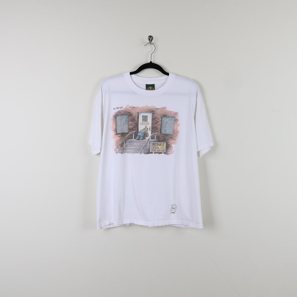 Vintage 90s The Far Side Midvale School For The Gifted White Graphic Print Tee Humor Comic Distressed Student T-shirt Size Large.jpg