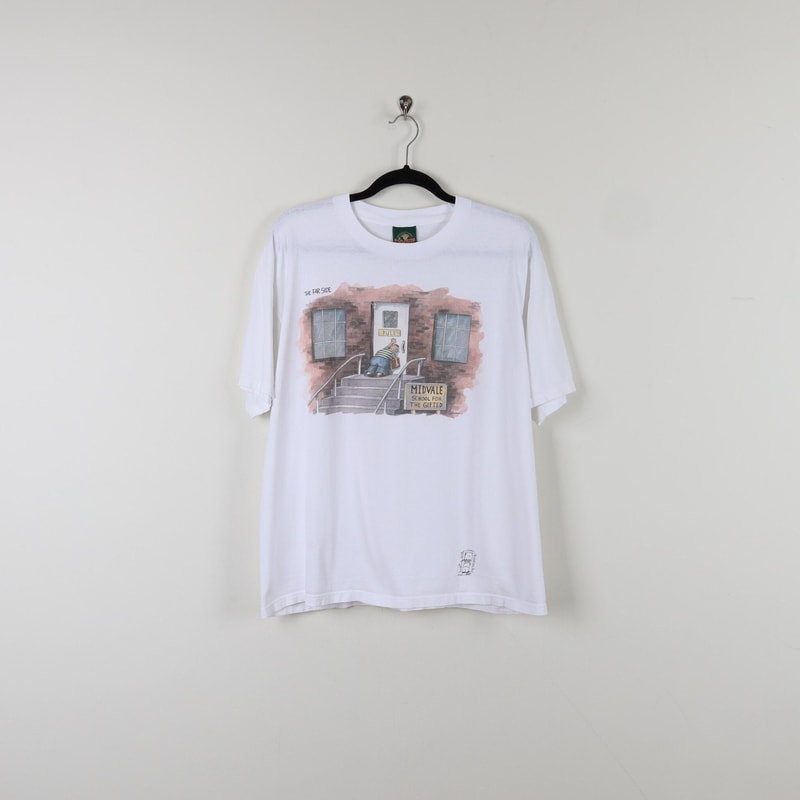 Vintage 90s The Far Side Midvale School For The Gifted White Graphic Print Tee Humor Comic Distressed Student T-shirt Size Large.jpg
