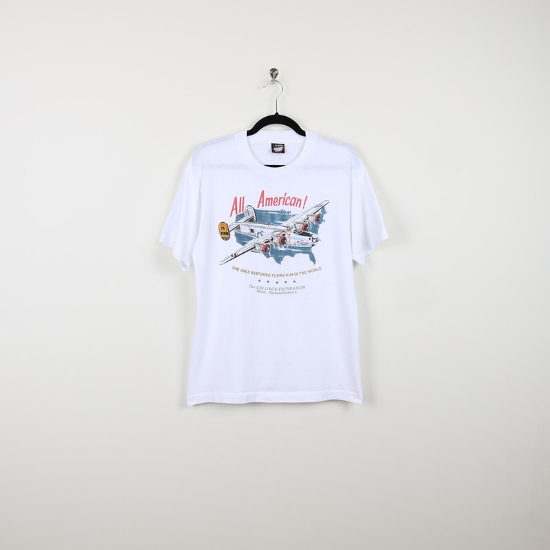 Vintage 90s White All American Consolidated B-24 Bomber Airplane Graphic Print Tee Military Plane Single Stitch Aeronautics T-shirt Size L.jpg
