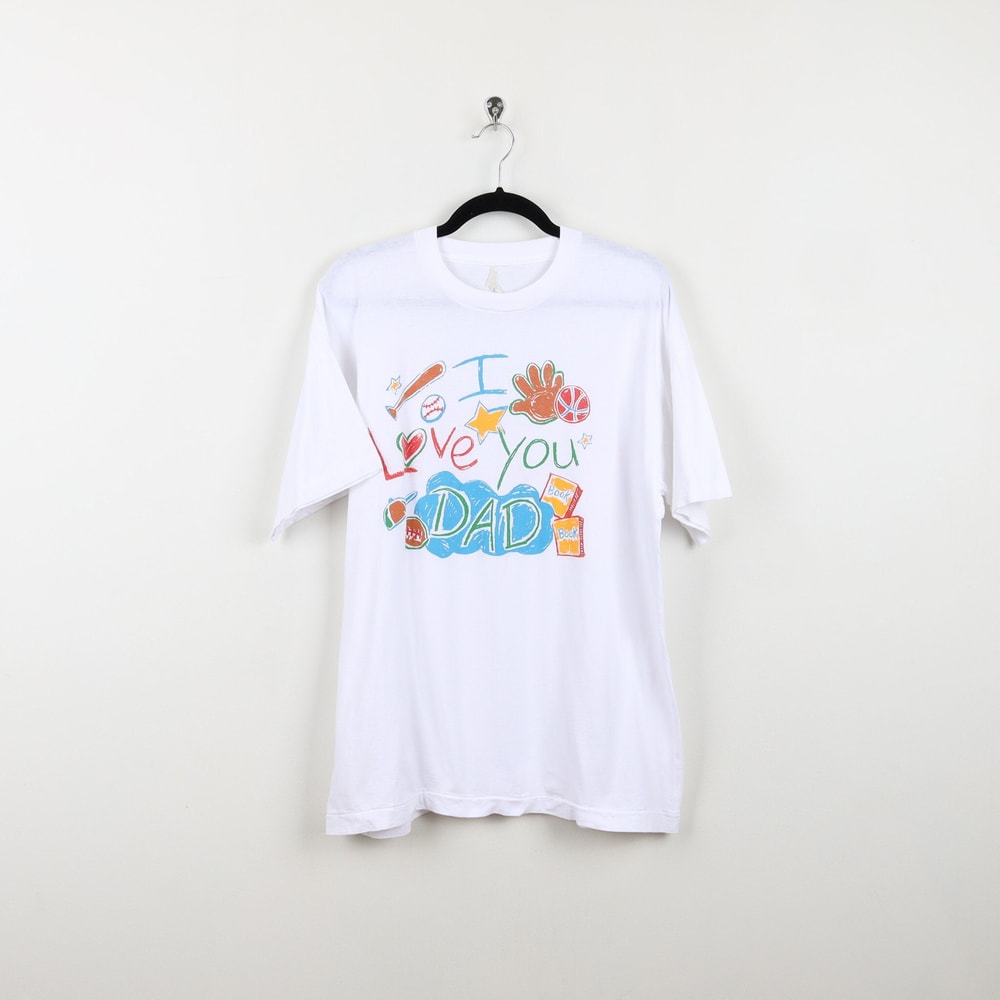 Vintage 90s White Cute I Love You Dad Graphic Tee Single Stitch Colorful Baseball Bat Book Gloves Sports Father Gift T-Shirt Size Medium.jpg