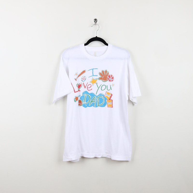Vintage 90s White Cute I Love You Dad Graphic Tee Single Stitch Colorful Baseball Bat Book Gloves Sports Father Gift T-Shirt Size Medium.jpg