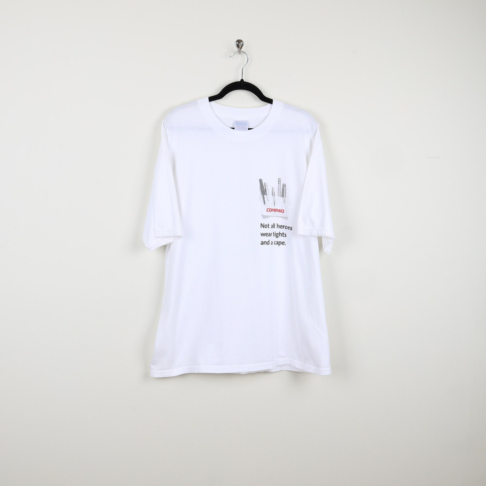 Vintage Y2K White Compaq Ball Pens Not All Heroes A Cape Graphic Tee Funny Tech Computer Technology Gift Humor T-Shirt Size XL.jpg