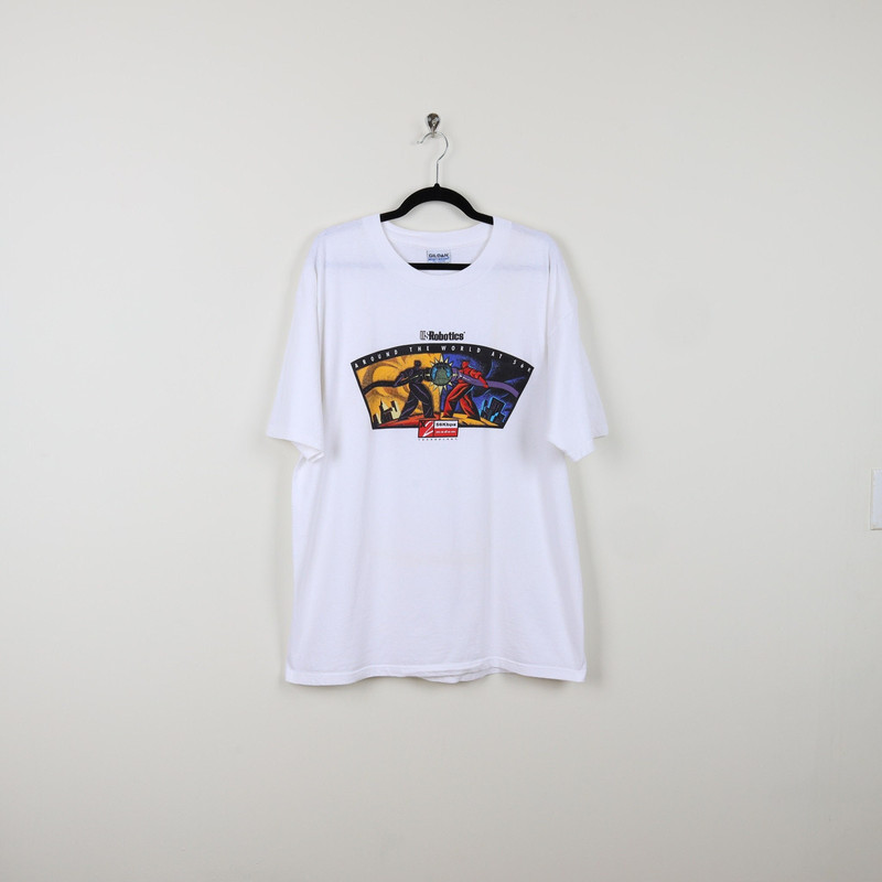 Vintage Y2K White US Robotics Around The World At 56Kbps X2 Modem Graphic Tee Single Stitch Technology Internet Speed Promo T-shirt Size XL.jpg