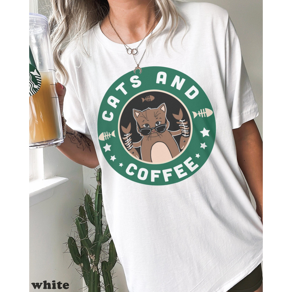 Cats And Coffee Graphic Tee, Funny Coffee Chain Parody Shirt.jpg