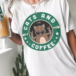 cats and coffee graphic tee, funny coffee chain parody shirt