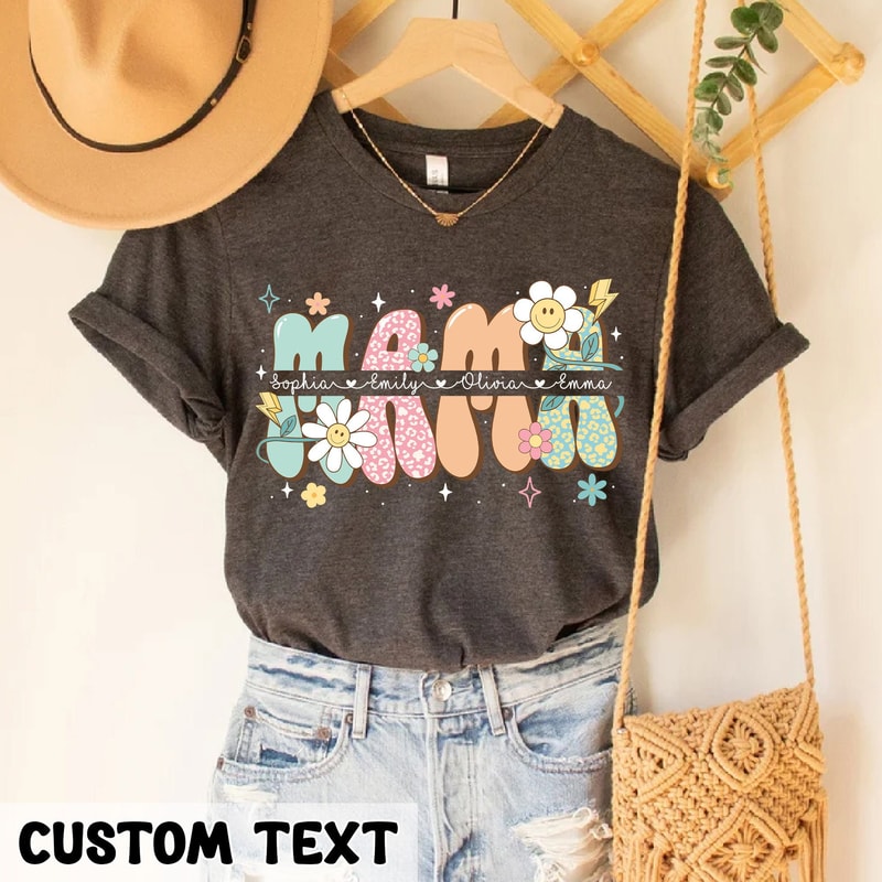 Floral Mama T-Shirt, Custom Mom Shirt With Kids Names, Mom Shirt for Mother's Day, Cute Gift For Mom, Mothers Day Gift, Retro Mama Shirt.jpg