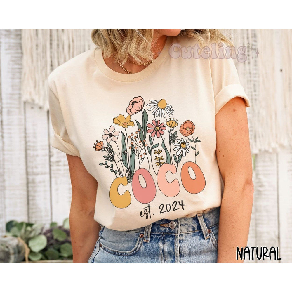 Coco Shirt, Wildflowers Grandma Shirt, Coco Est 2024 Promoted to Coco shirt, Gift for New Grandmother, Pregnancy Announcement Gift Plus Size.jpg