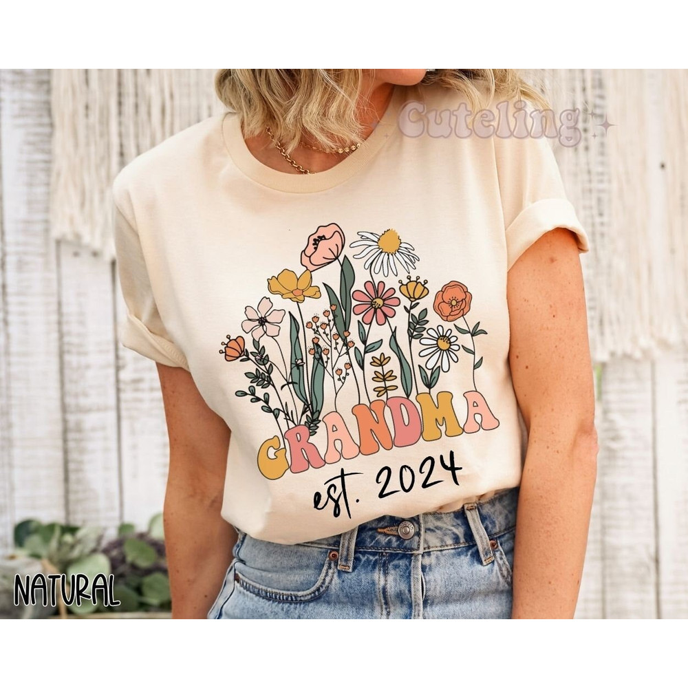 Grandma Shirt, Wildflowers Grandma Shirt, Grandma Est 2024 Gift for New Grandmother, Pregnancy Announcement 2024 Groovy retro Grandma tshirt.jpg
