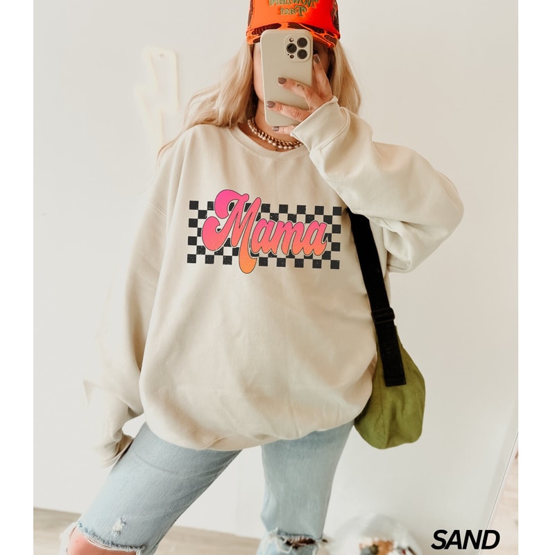 Pink Gradient Checkered Mama Sweatshirt, Checkered Mom Sweatshirt, Cute Mom Shirt, Mothers Day Gift, New Mom Gift, Mom Life Sweatshirt.jpg