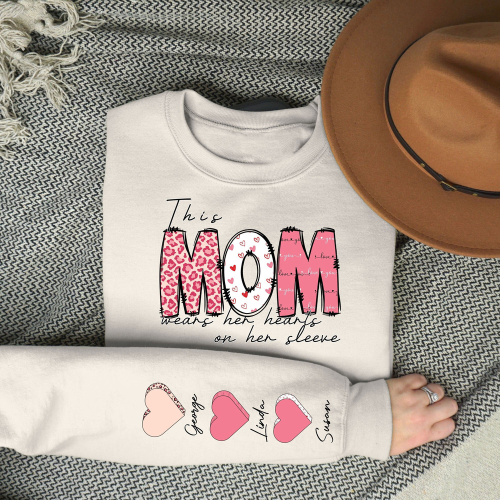 I Wear My Heart On My Sleeve Mothers Day Sweatshirt, Grandma Sweatshirt , Gift For Mommy, Custom Mama Sweatshirt With Kids Name on Sleeve,.jpg