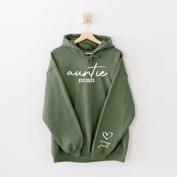 personalized auntie sweatshirt with kids name on sleeve, mot