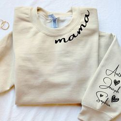 personalized mama sweatshirt with kids name on sleeve, mini